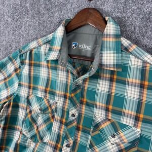 KÜHL Eluxur Plaid Shirt Mens‎ Large Green Orange Button Up Short Sleeve
